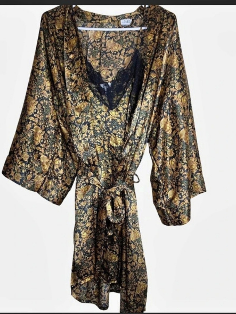 90s Lingerie Sedu Black & Gold Baroque Floral Paisley Satin Robe & Slip Set Sm